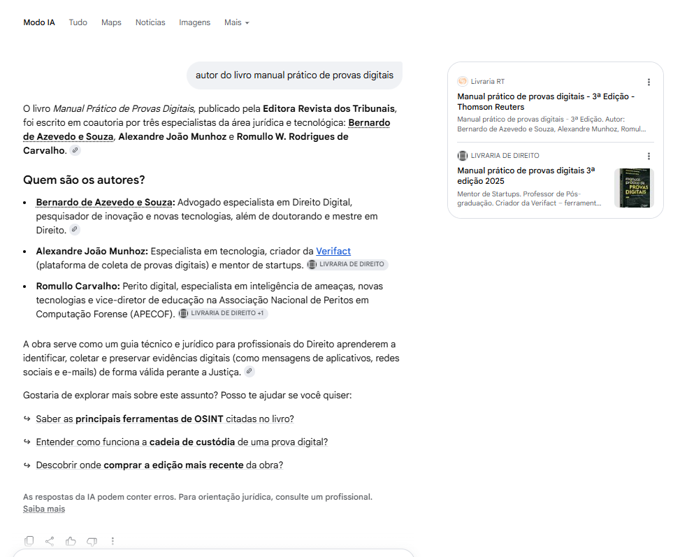 Modo IA do Google nomeando Bernardo de Azevedo e Souza como autor