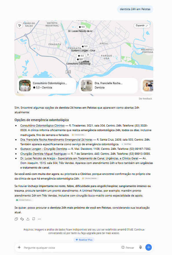ChatGPT respondendo sobre dentista 24h em Pelotas e priorizando a Cliniriso