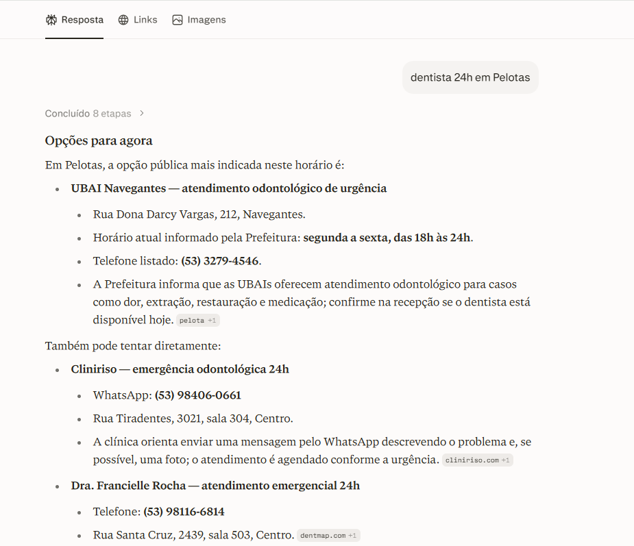 Perplexity citando a Cliniriso como única opção de emergência 24h em Pelotas