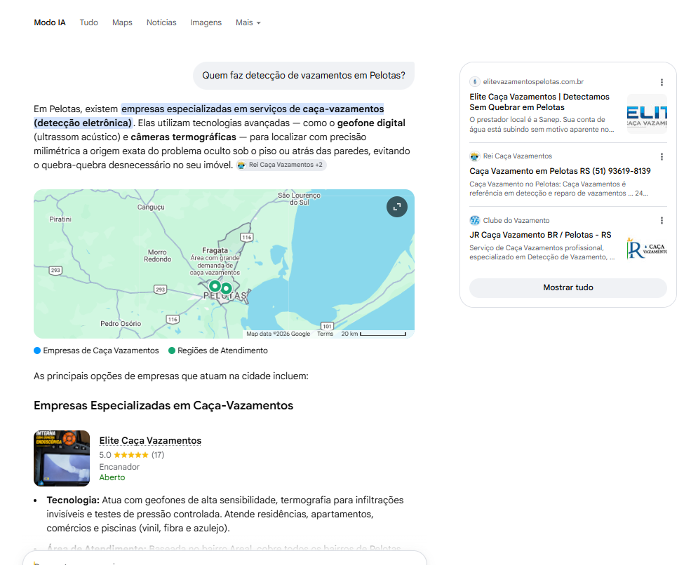 Google AI Overview recomendando a Elite Caça Vazamentos com a etiqueta RECOMENDADO